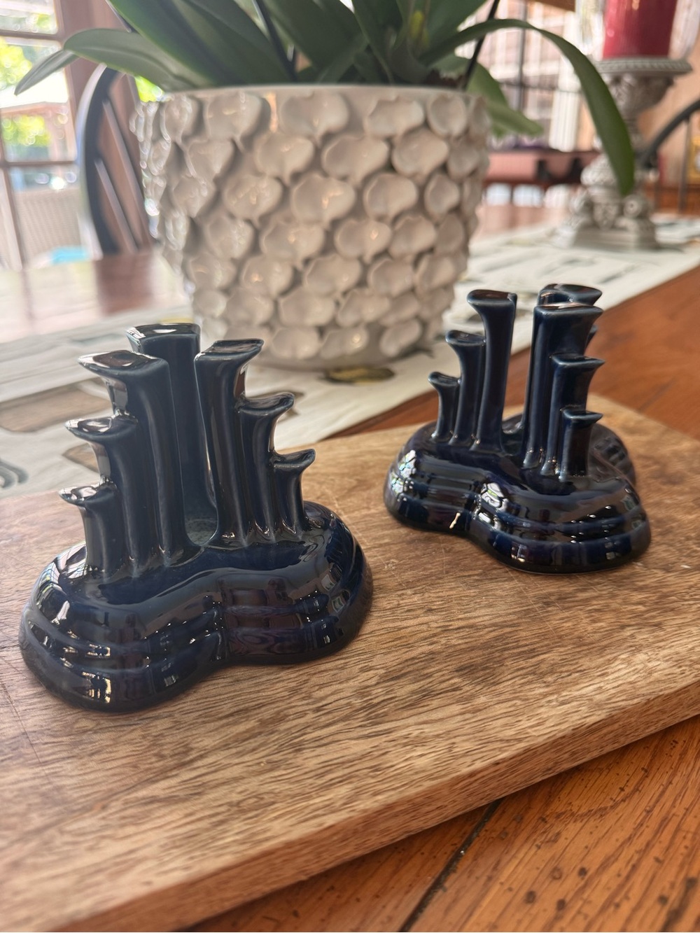 Fiestaware Retired Cobalt blue pyramid style candle stick holders Midcentury
